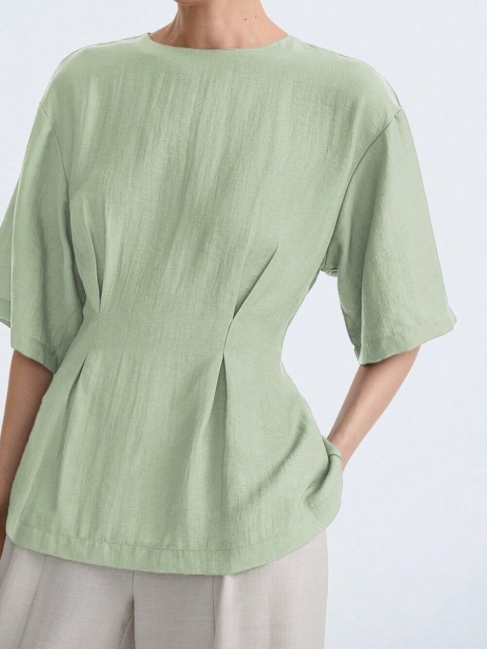 Pale Mint Green Woven Blouse with Front Pleat Detail